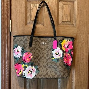Coach limited edition City Tote- signature canvas with neon roses